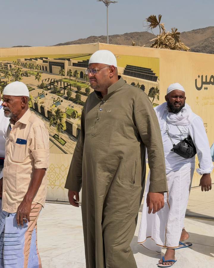 Moulavi Sadath explaining a site to the group in front of a large illustrated panel of it.